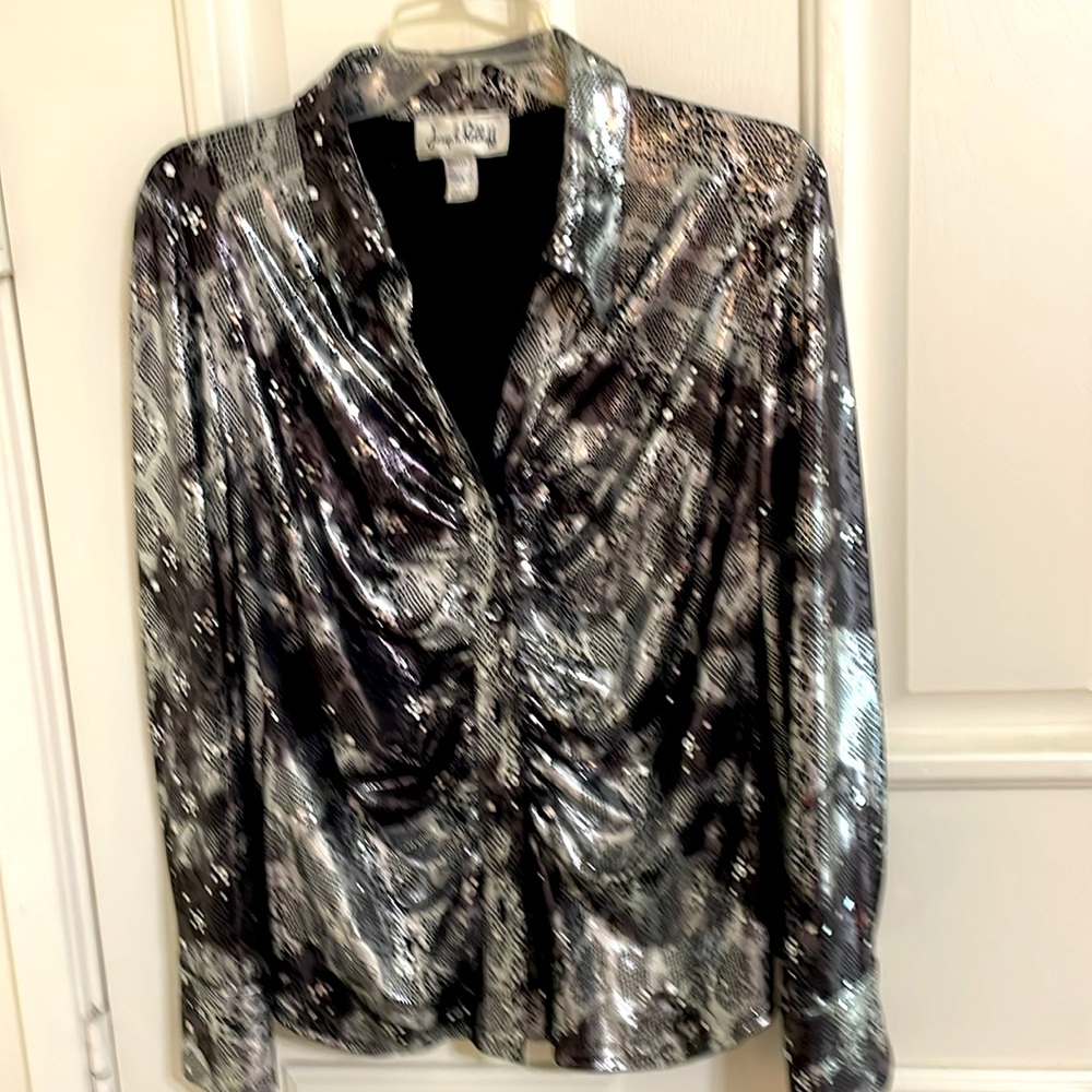 Joseph Ribcoff Silver/black Flashy Metallic Blouse Sz 14
